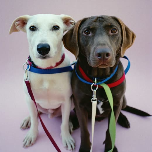 Two harnessed dogs sitting side by side