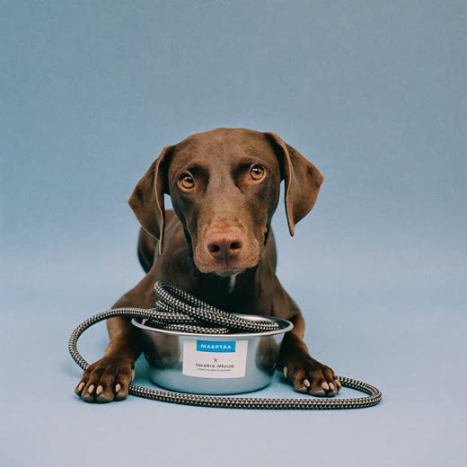 A dog bowl and a coiled lead